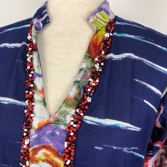 Antica Sartoria Blue Multicolor Beaded V-Neck Cotton Kaftan Maxi Dress S/M - Picture 2 of 11